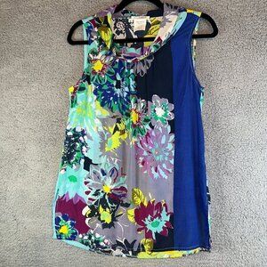 NaraCamicie Top Women's Small Blue Vintage Gardenia Floral Boho Cowl Neck Blouse